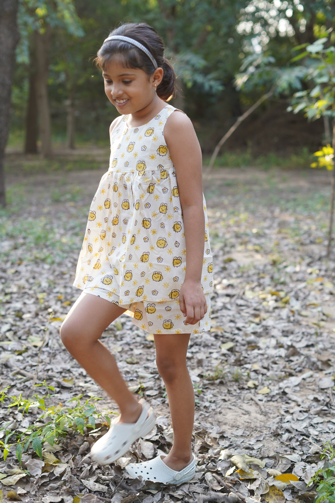 girl wearing Yellow pure cotton hand block printed shorts set