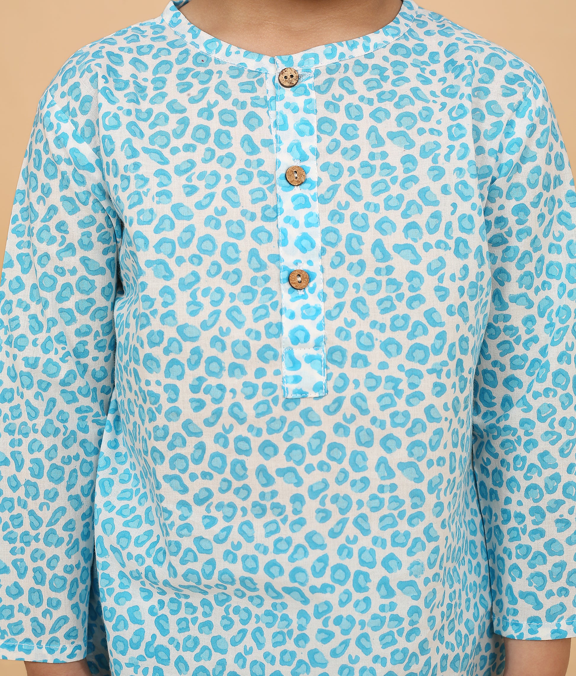 Turquoise leopard hand block printed pajama set for boys, close up