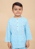 Close-up of boy in turquoise leopard print cotton pajama top