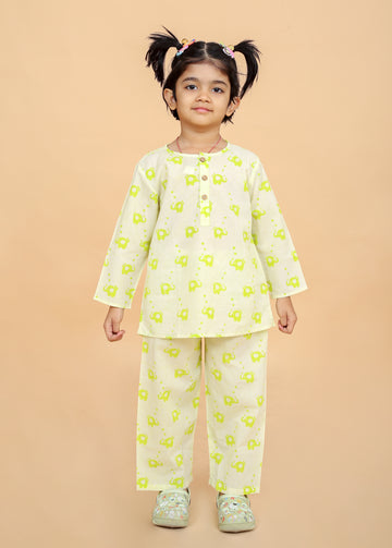 girl wearing Light green elephant print cotton night suit by Chheent Jaipur