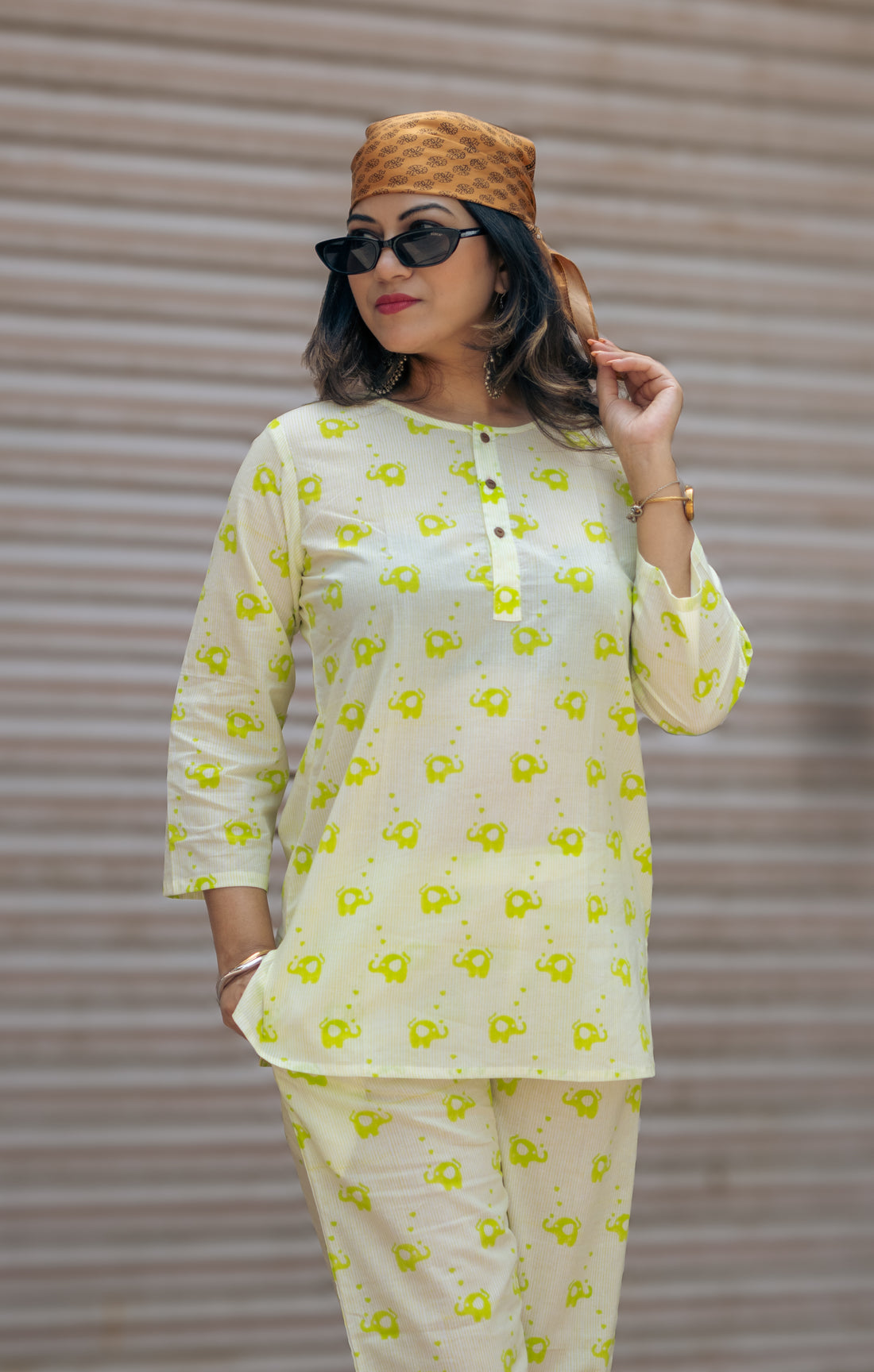 light green elephant print pure cotton hand block printed pajama set women