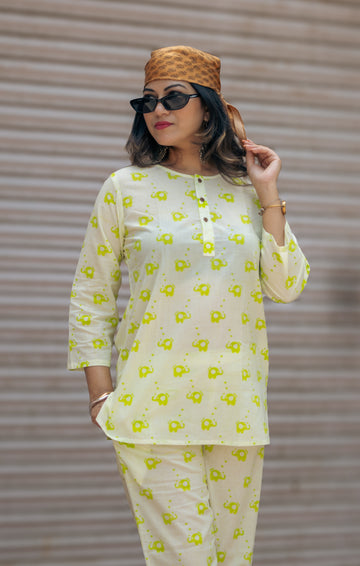 light green elephant print pure cotton hand block printed pajama set women