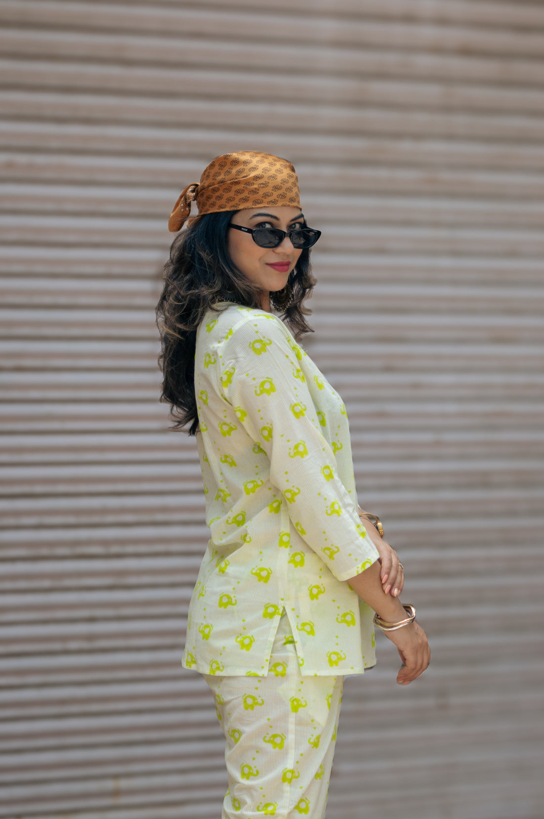 light green elephant print pure cotton hand block printed pajama set women