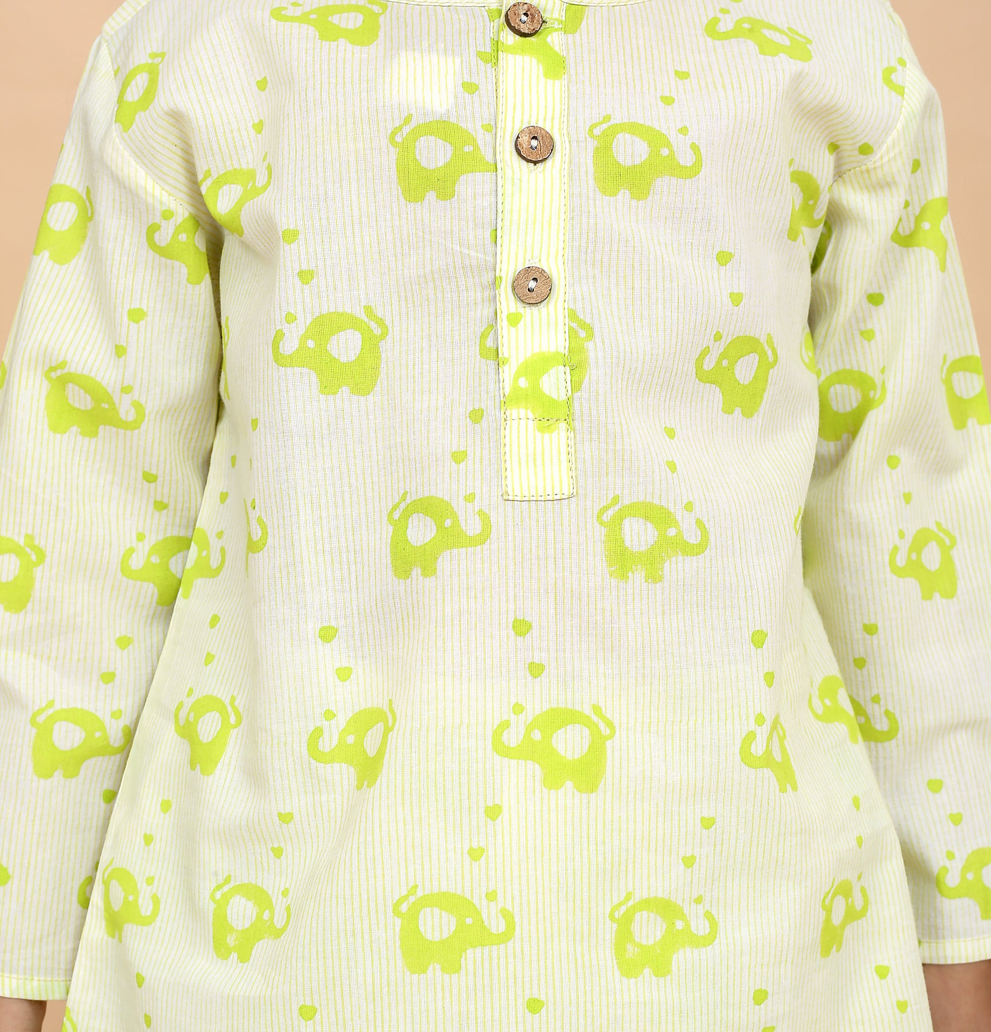 girl wearing Light green elephant print cotton night suit by Chheent Jaipur close up