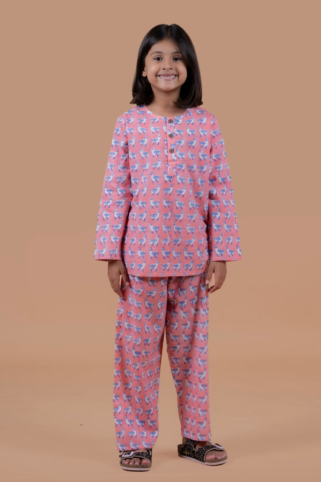 Pink llama hand block printed pure cotton pajama set for girls - Chheent Jaipur