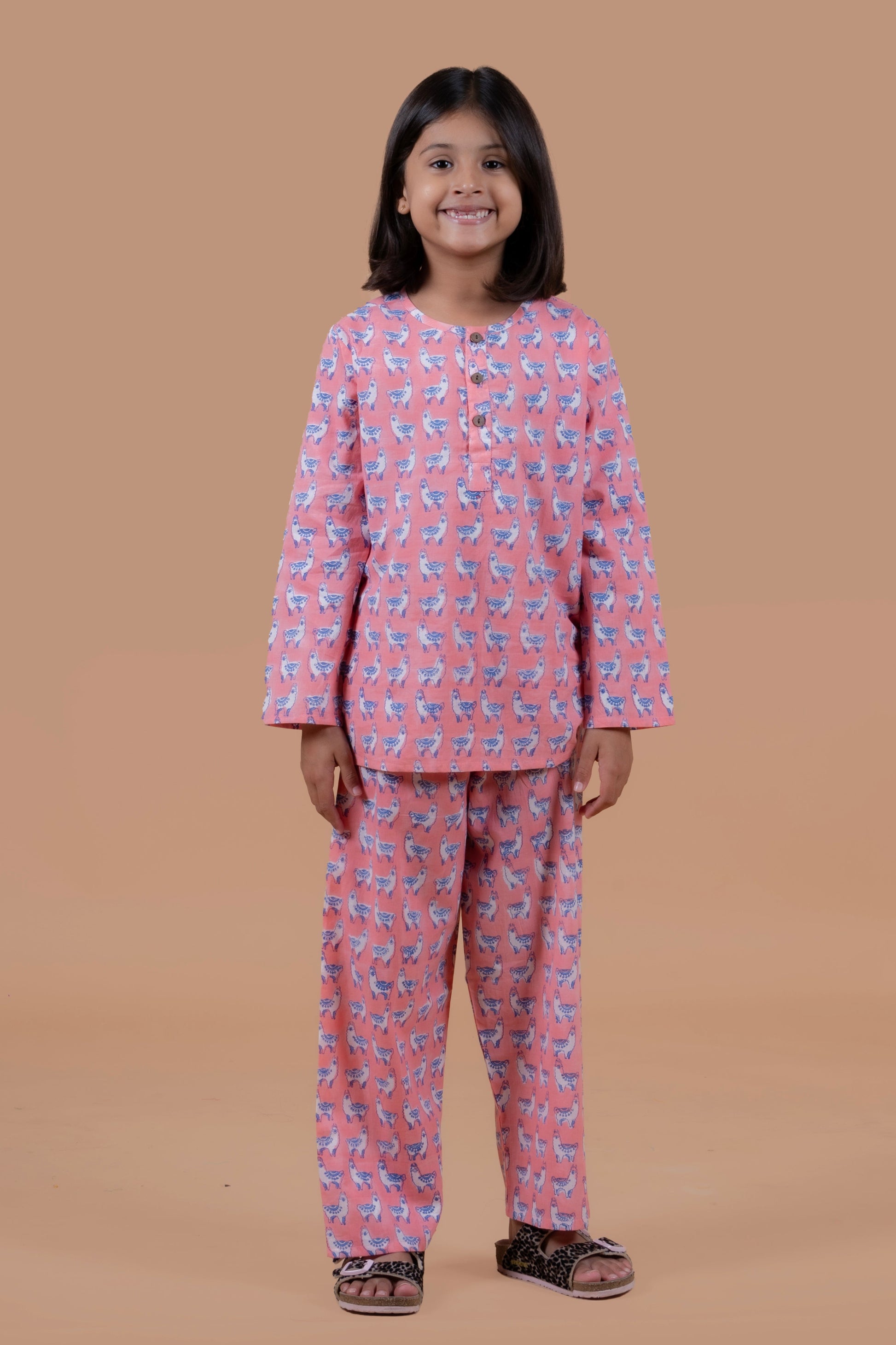 Pink llama hand block printed pure cotton pajama set for girls - Chheent Jaipur