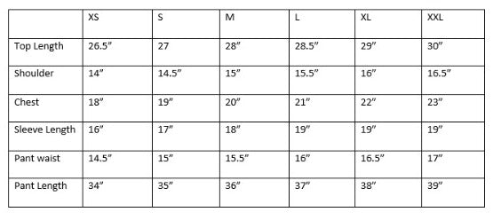 Measurement chart for clothing sizes XS to XXL with details on top length, shoulder, chest, sleeve length, pant waist, and pant length.