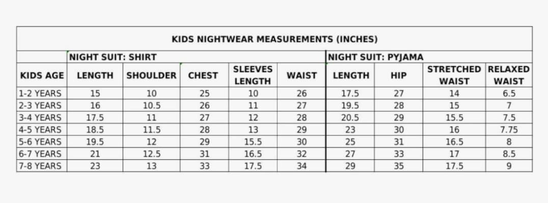 Measurement chart for kids' nightwear including shirt and pajama lengths, widths, and waist sizes.