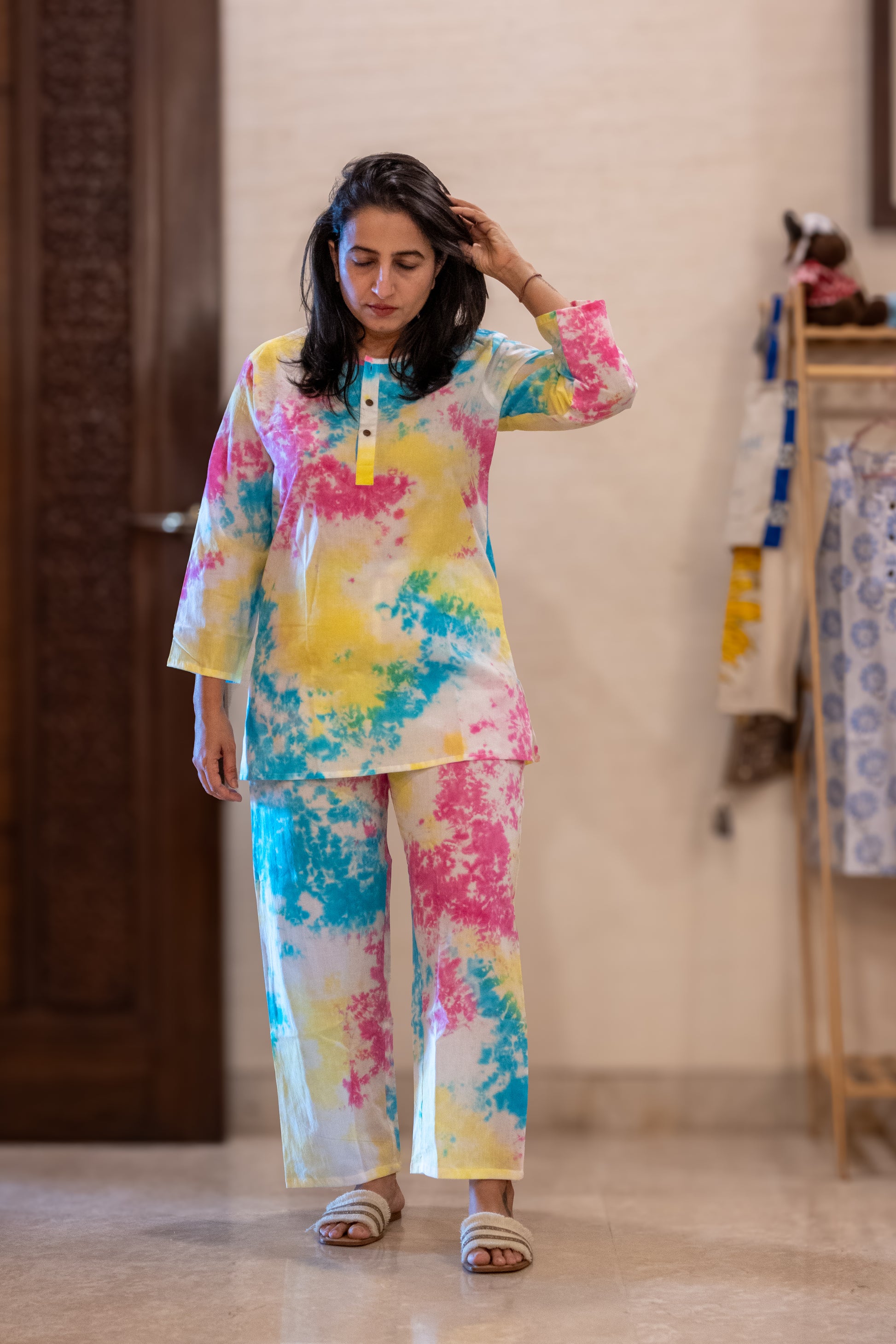 multi tie and dye print pure cotton pajama set for women