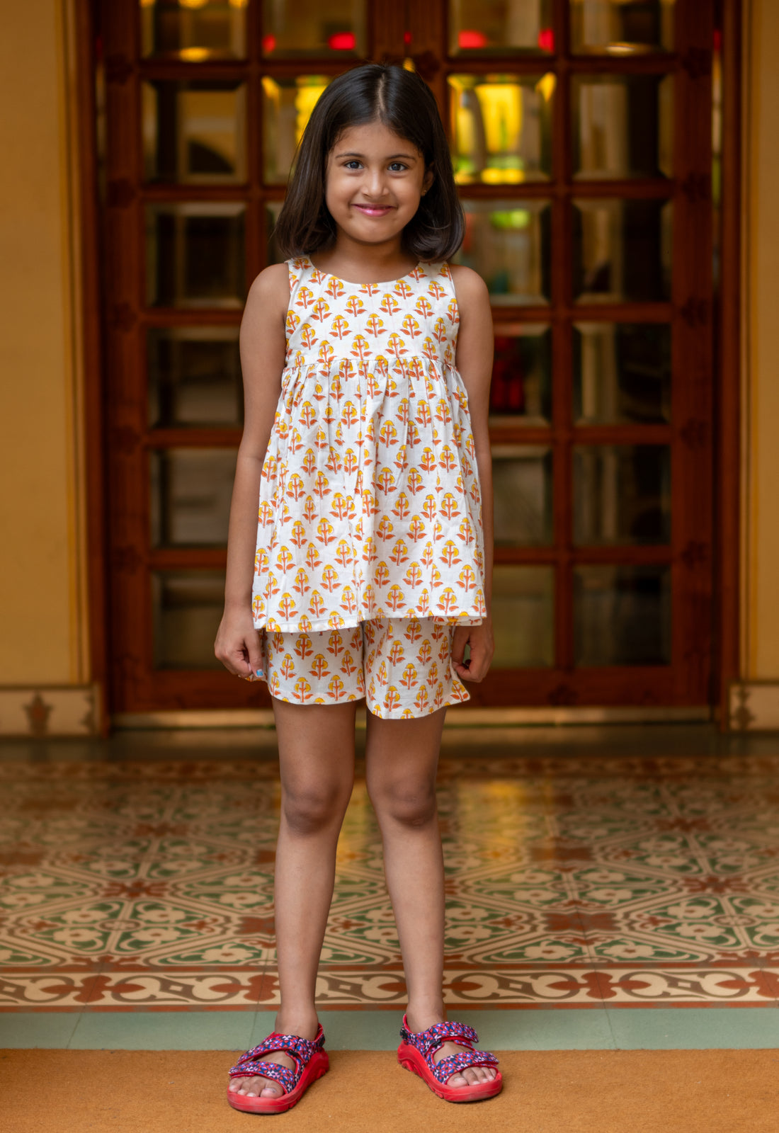 Orange booti pure cotton hand block printed shorts set for girls summer nightwear