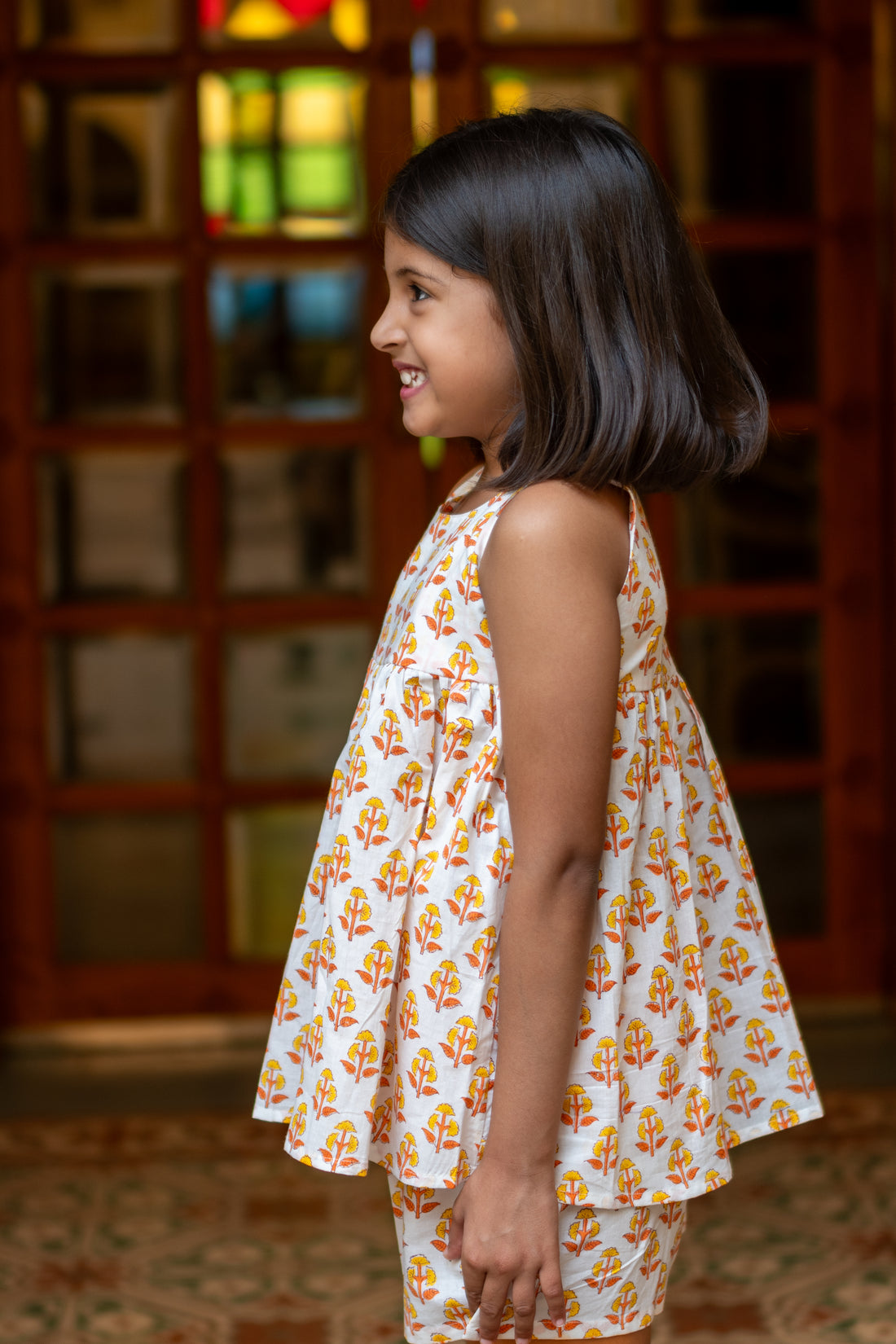 Orange booti pure cotton hand block printed shorts set for girls summer nightwear