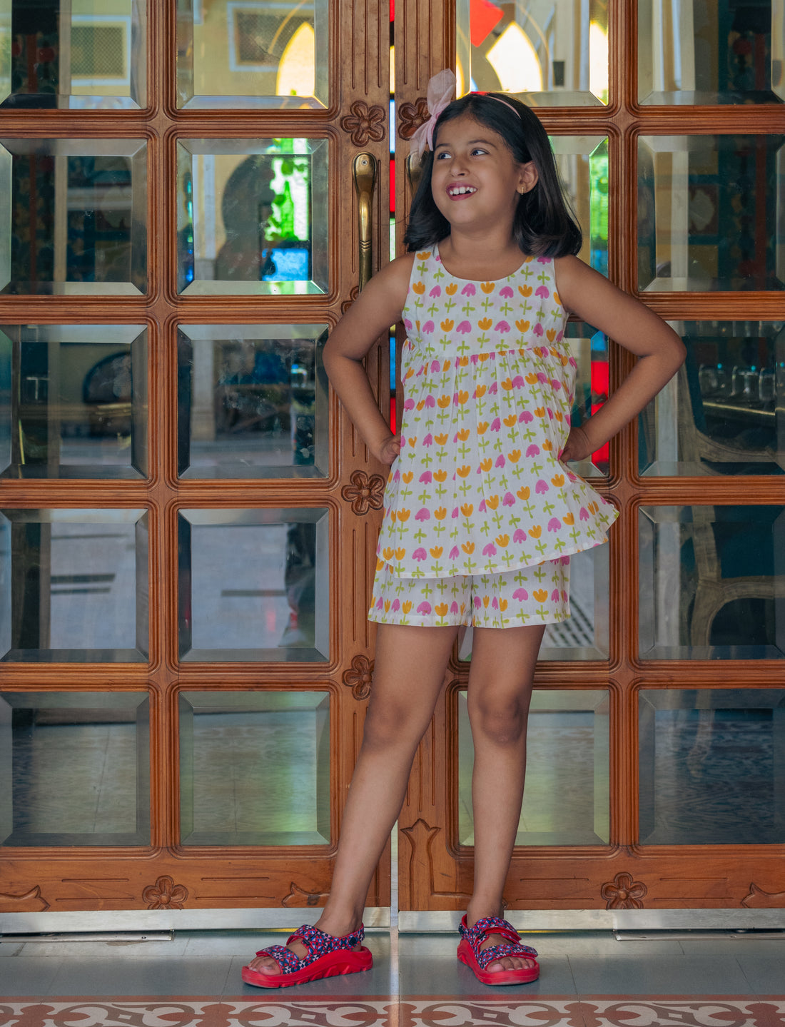 Orange yellow tulip pure cotton hand block printed shorts set for girls summer nightwear