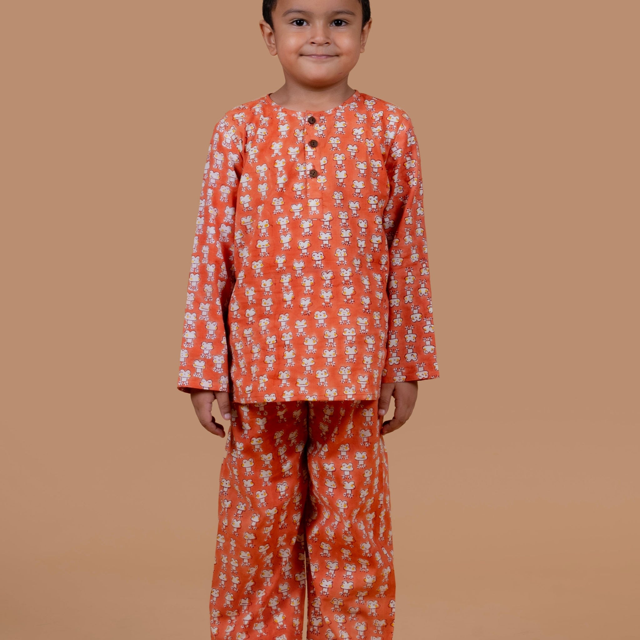 Unisex Orange Frog Print  Night suit