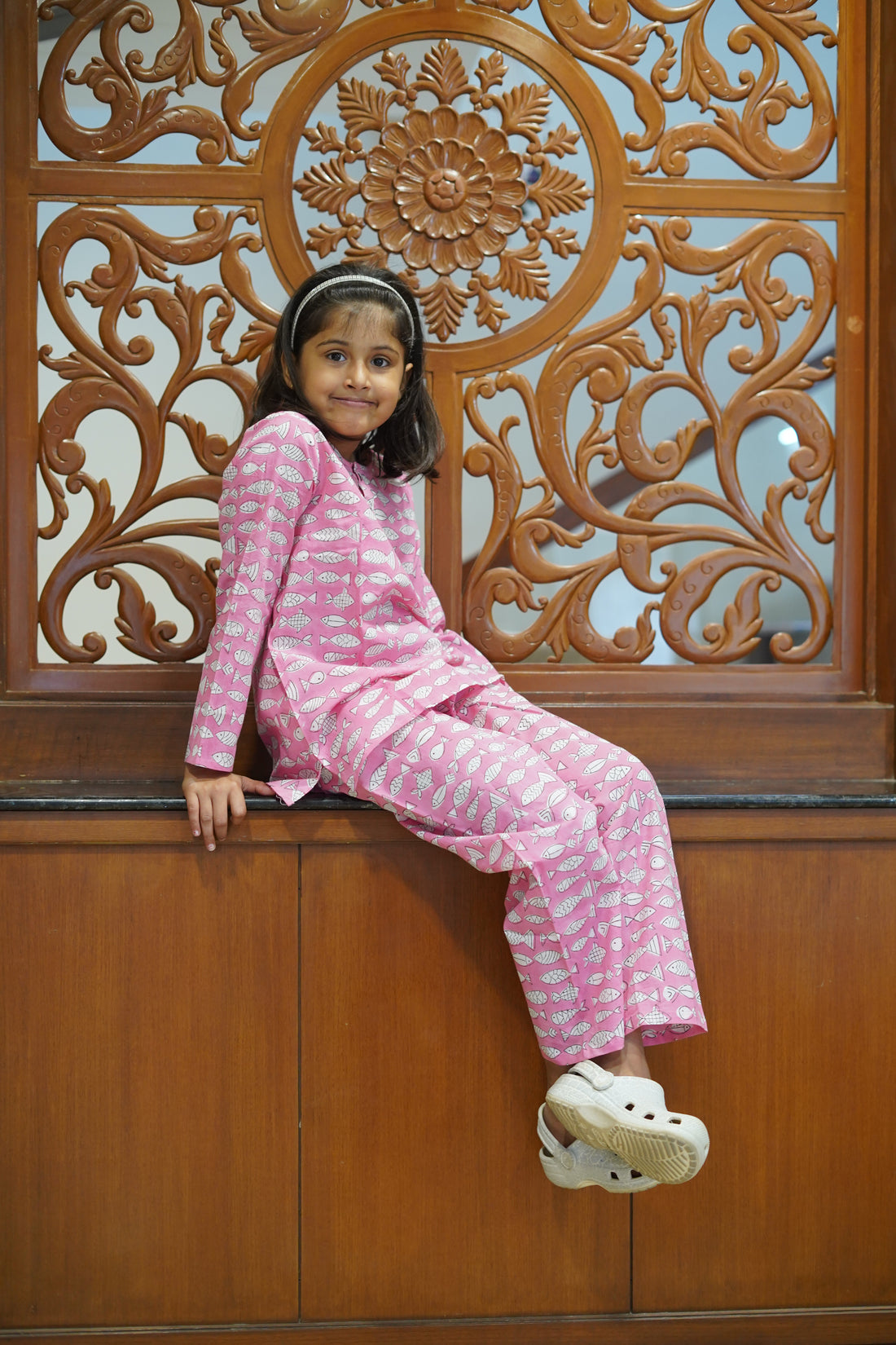 Pink Fish printed pure cotton hand block printed pajama set for girls summer nightwear