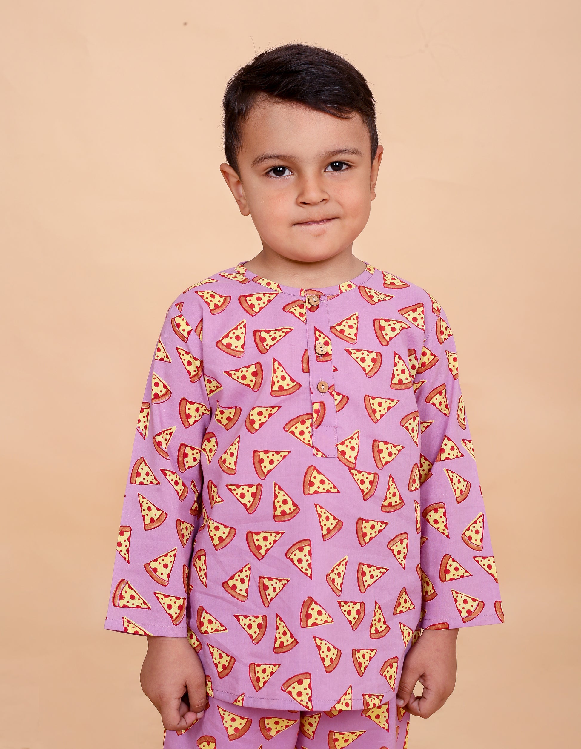 Pizza print pajama set fabric close-up - pure cotton hand block printed