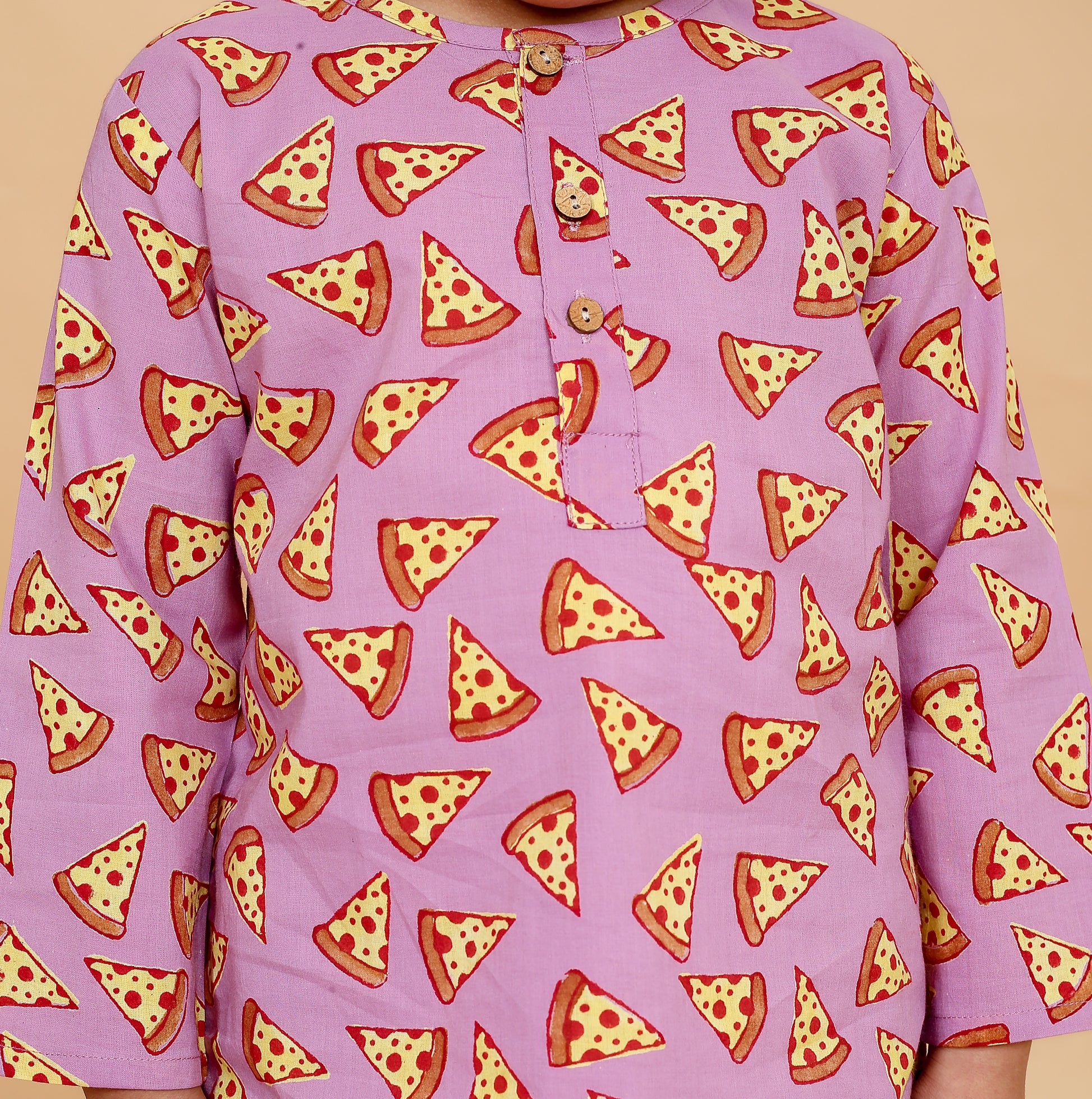 Hand block printed pizza print pajama set for boys - close up