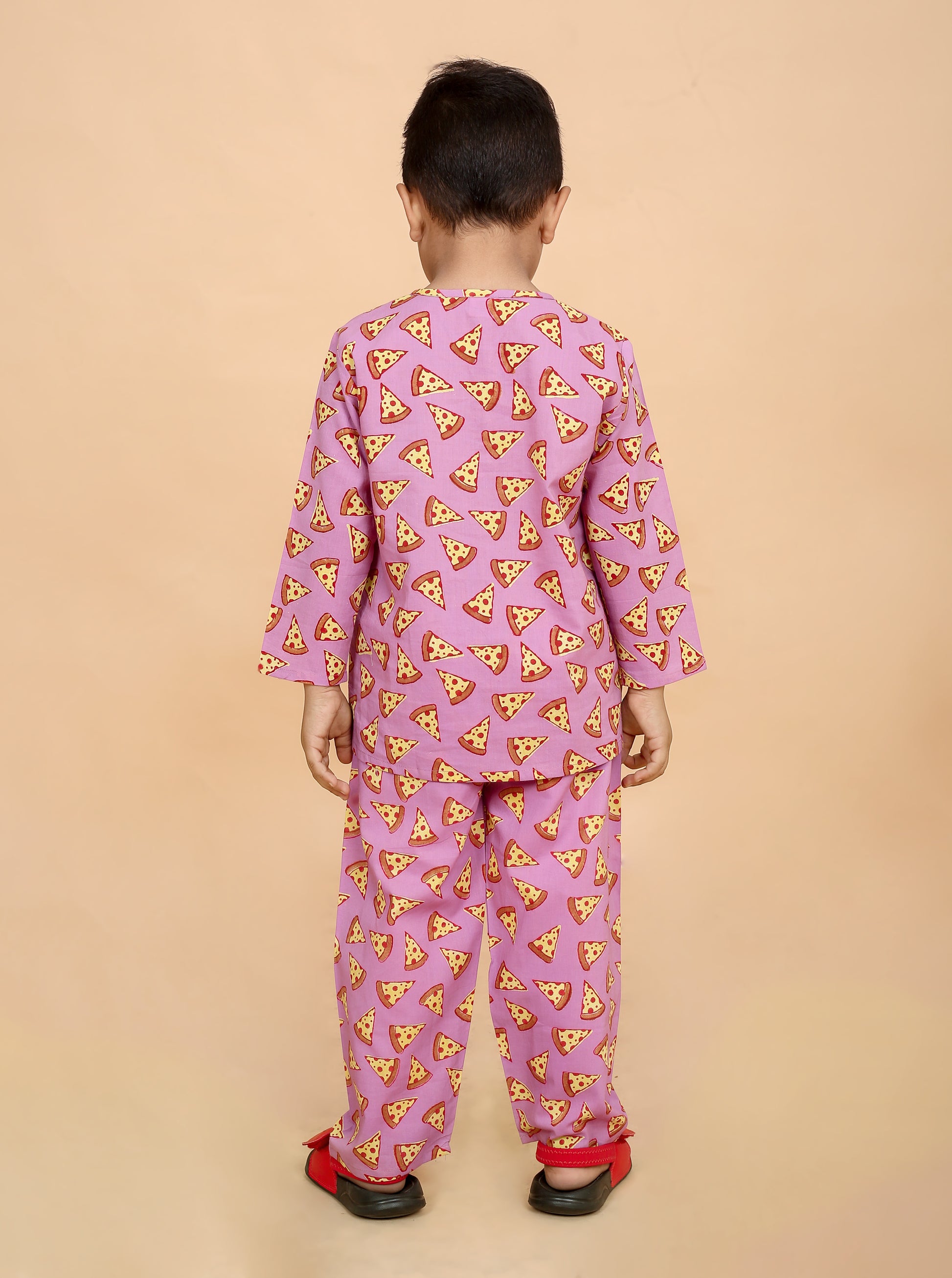 Boys pure cotton nightwear with pizza print hand block design - back view