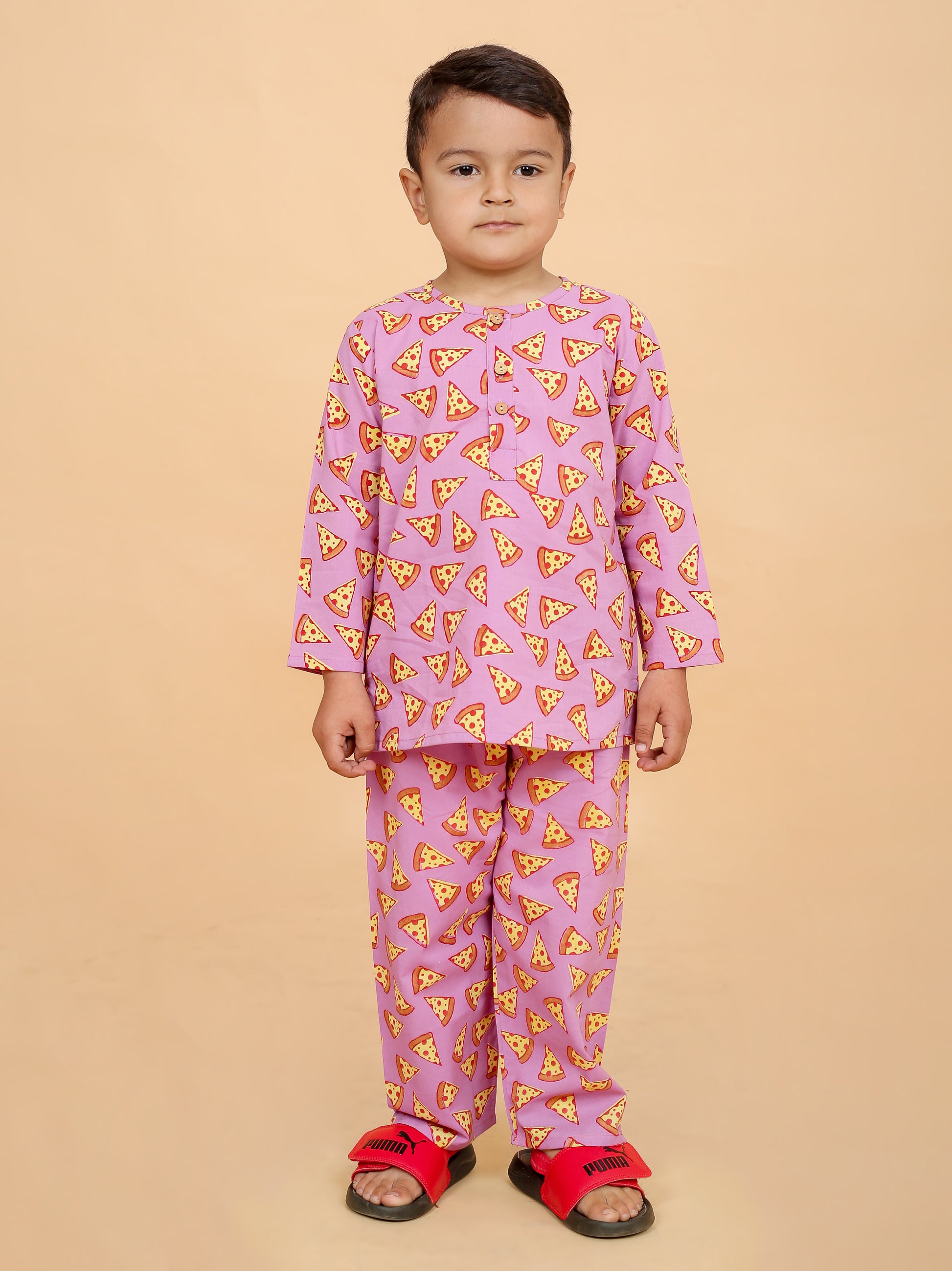 Pizza printed pure cotton hand block pajama set for boys breathable summer nightwear