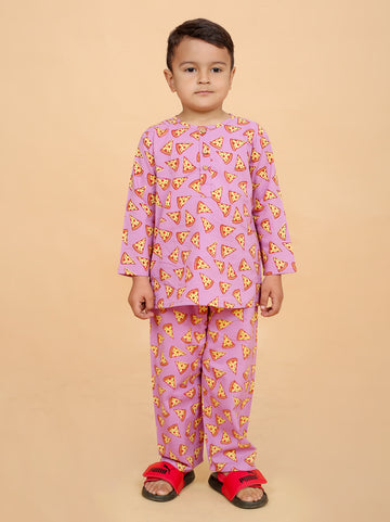 Pizza printed pure cotton hand block pajama set for boys breathable summer nightwear