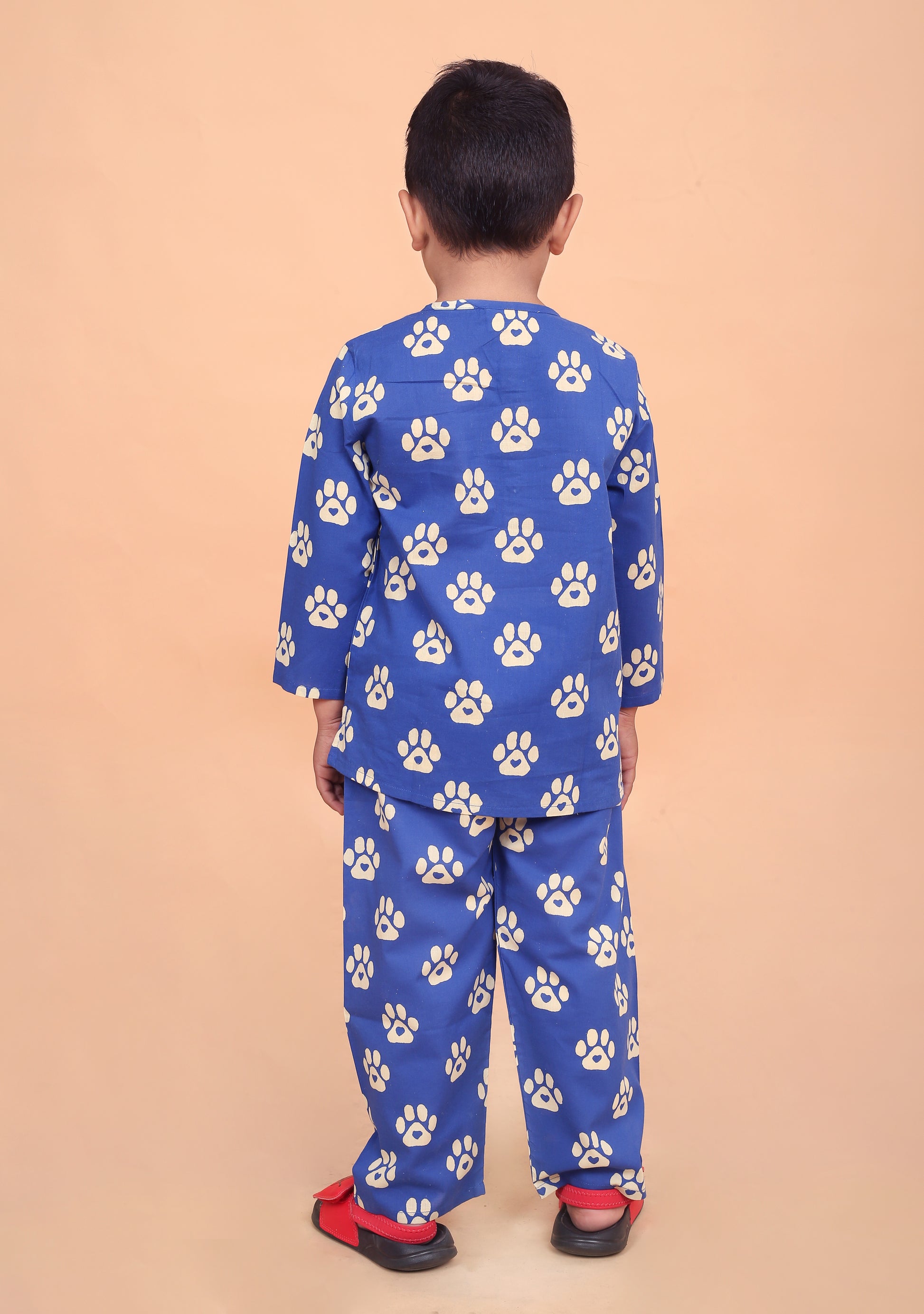 Boys pure cotton nightwear with Blue Pug Paw hand block print - back view
