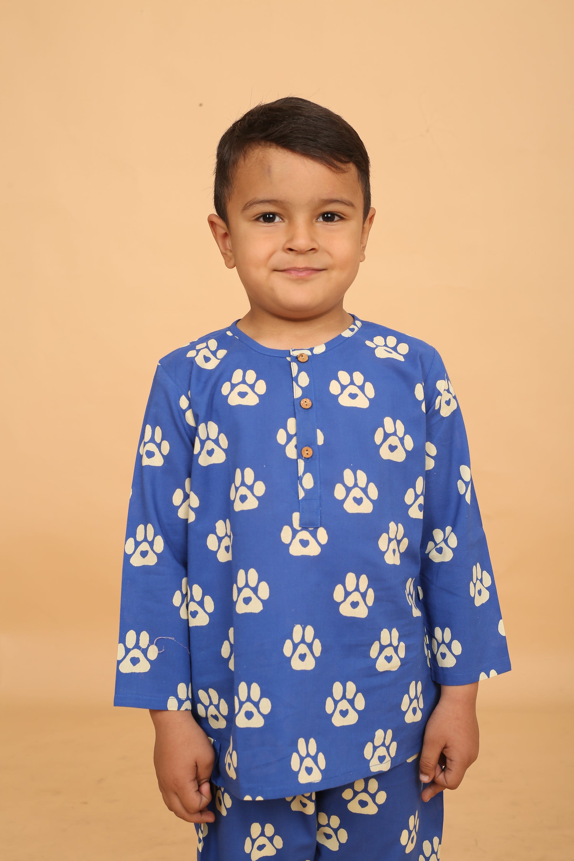 Hand block printed Blue Pug Paw pajama set for boys - full outfit