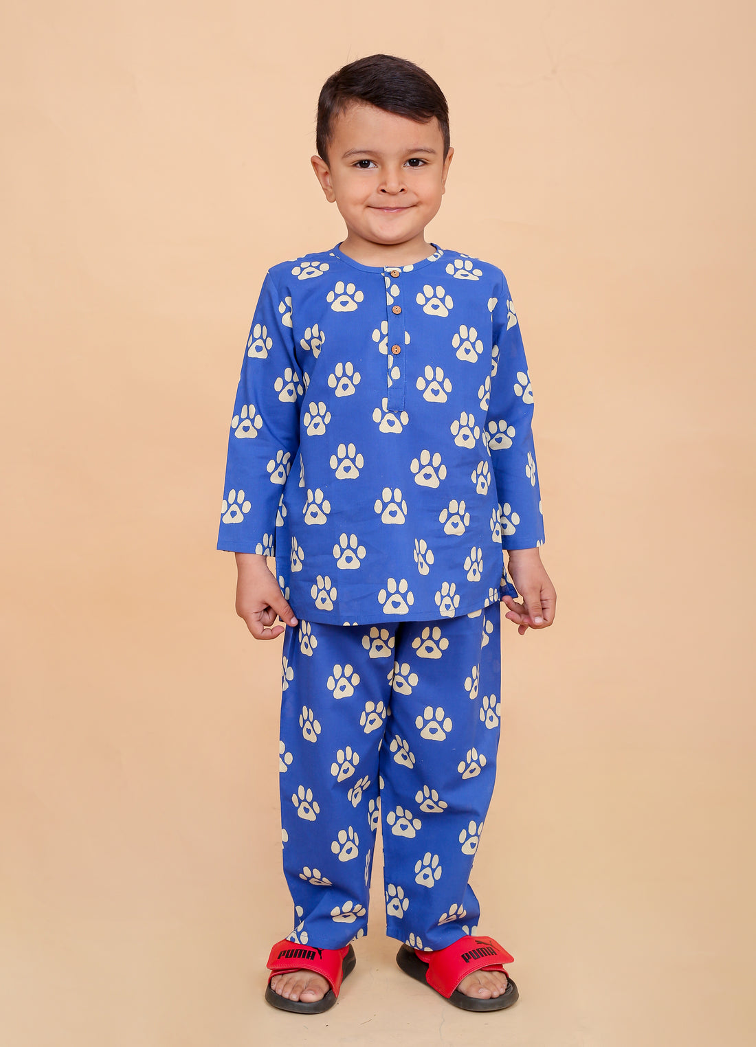 Blue Pug Paw pure cotton hand block printed pajama set for boys breathable summer nightwear