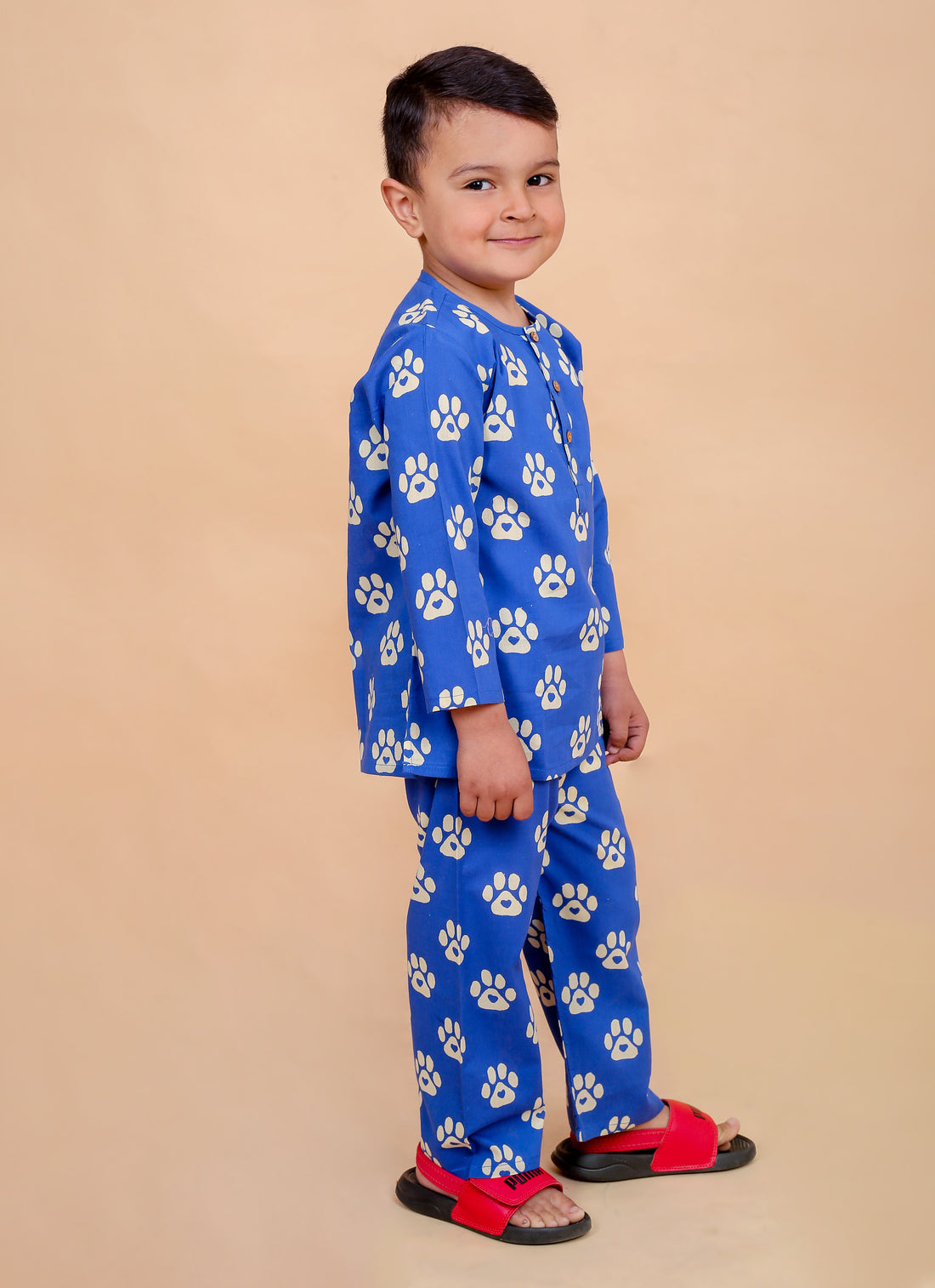 Blue Pug Paw pure cotton hand block printed pajama set for boys breathable summer nightwear