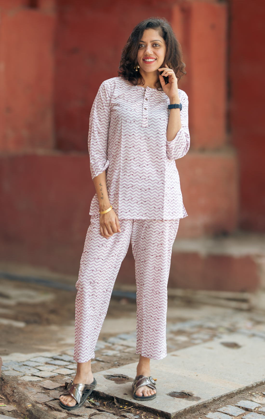 purple fish print pure cotton hand block printed pajama set women