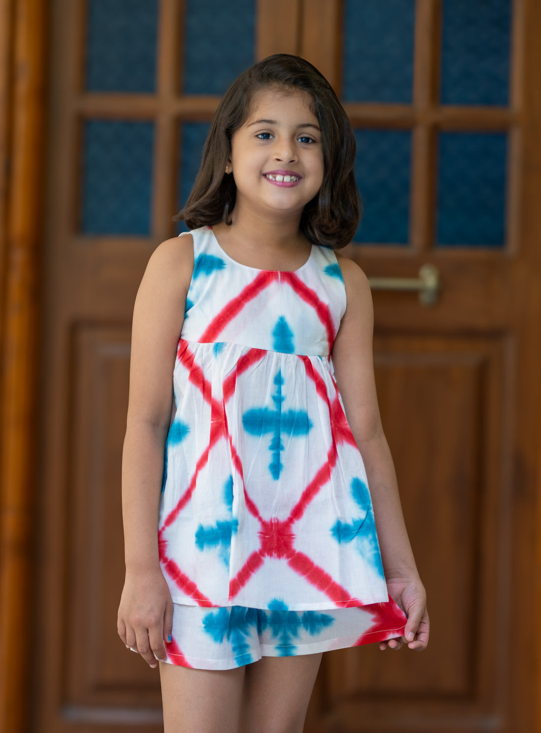 Red blue tie and dye pure cotton hand block printed shorts set for girls summer nightwear