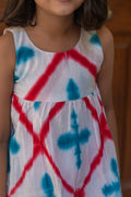 Red blue tie and dye pure cotton hand block printed shorts set for girls summer nightwear with model