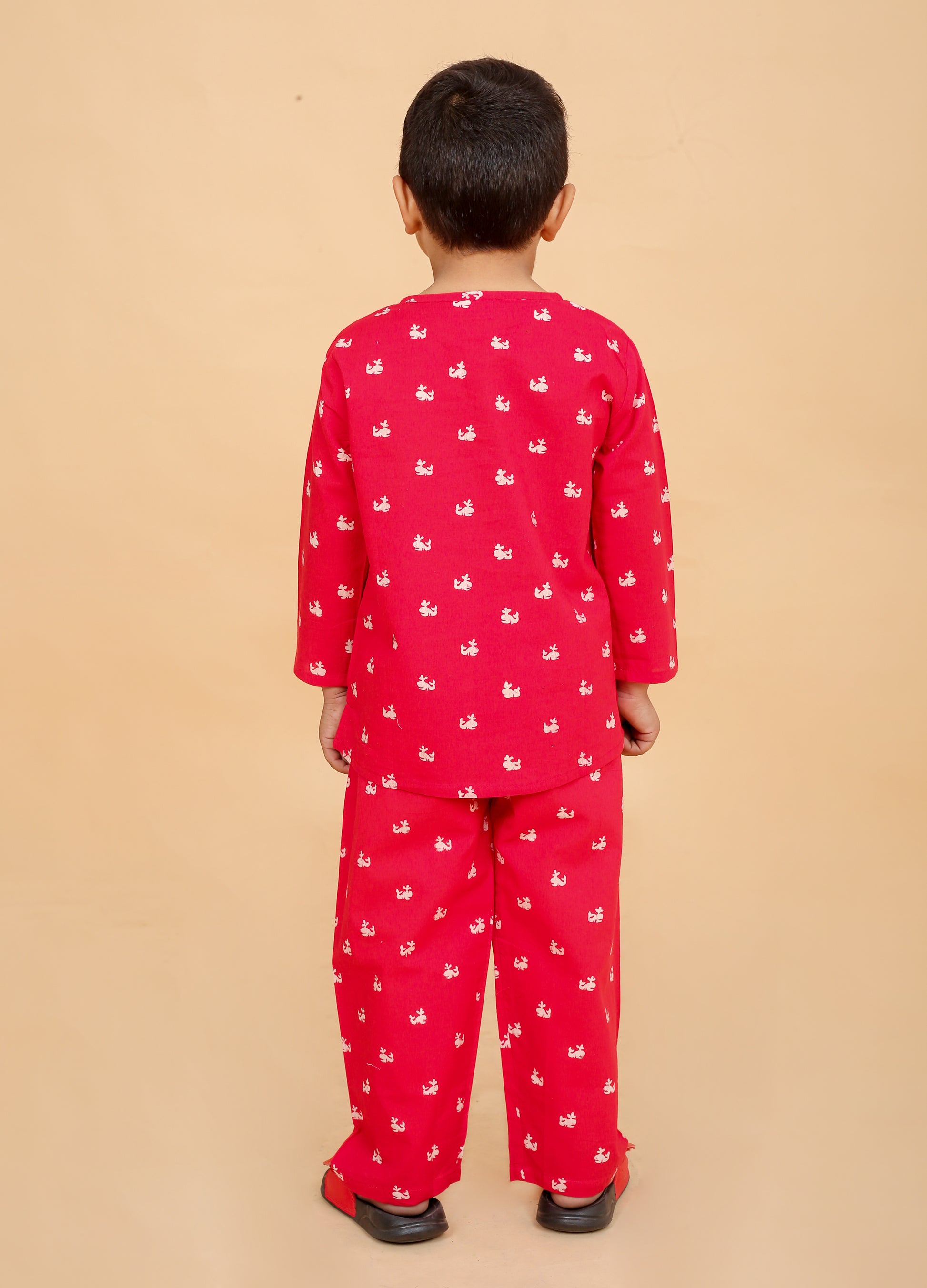 Boys pure cotton nightwear with Red Whale hand block print - back view