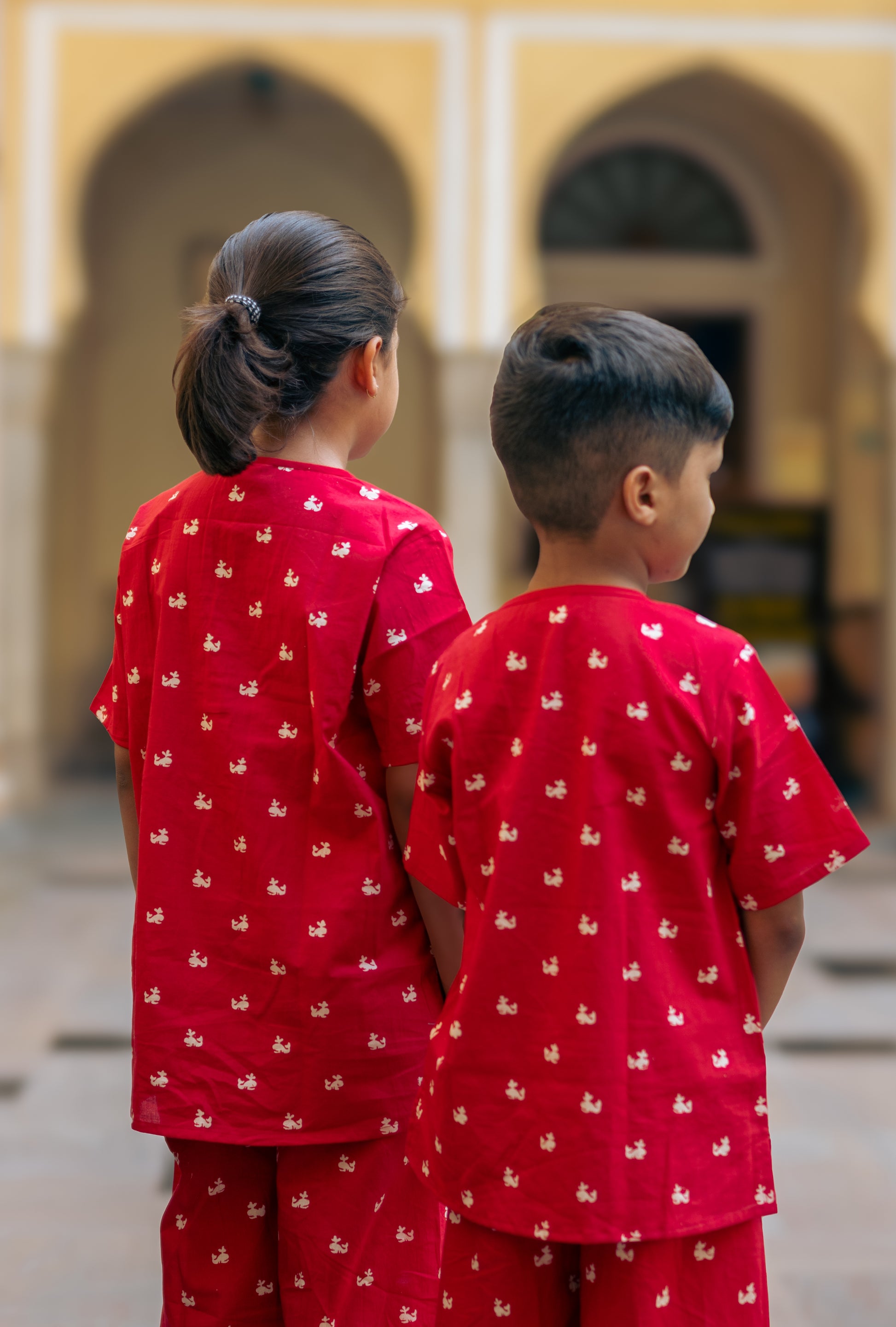 Red Whale half sleeves pure cotton hand block printed pajama set for girls summer nightwear
