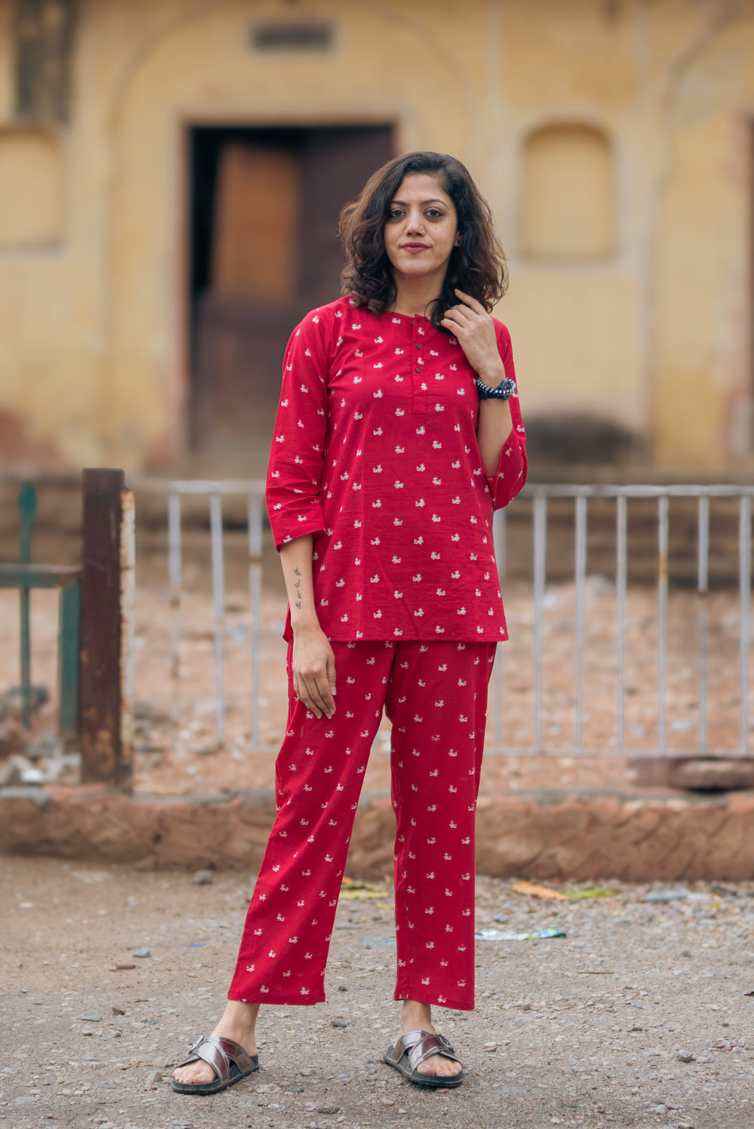 red whale print pure cotton hand block printed lounge wear for women