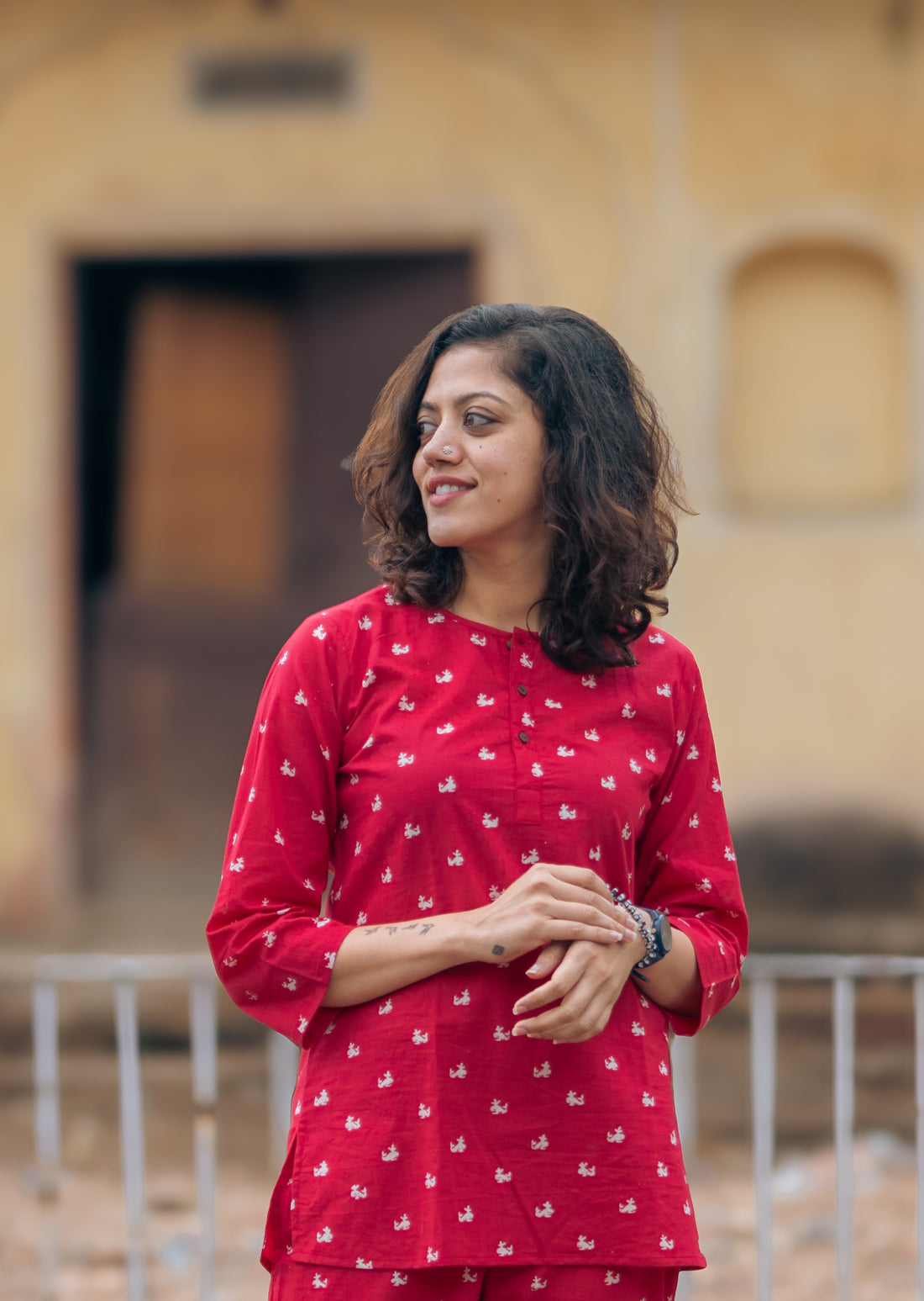 red whale print pure cotton hand block printed lounge wear for women