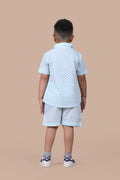 Turquoise Scallops print cotton shorts set for boys, hand block printed in Jaipur, back side view
