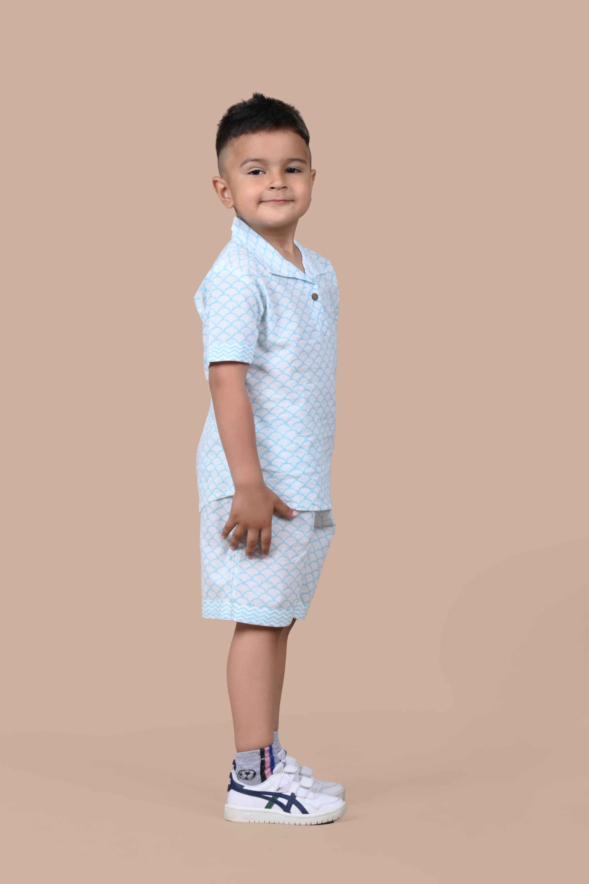 Boy in Turquoise Scallops hand block printed cotton shorts set, relaxed fit lounge wear, Chheent Jaipur