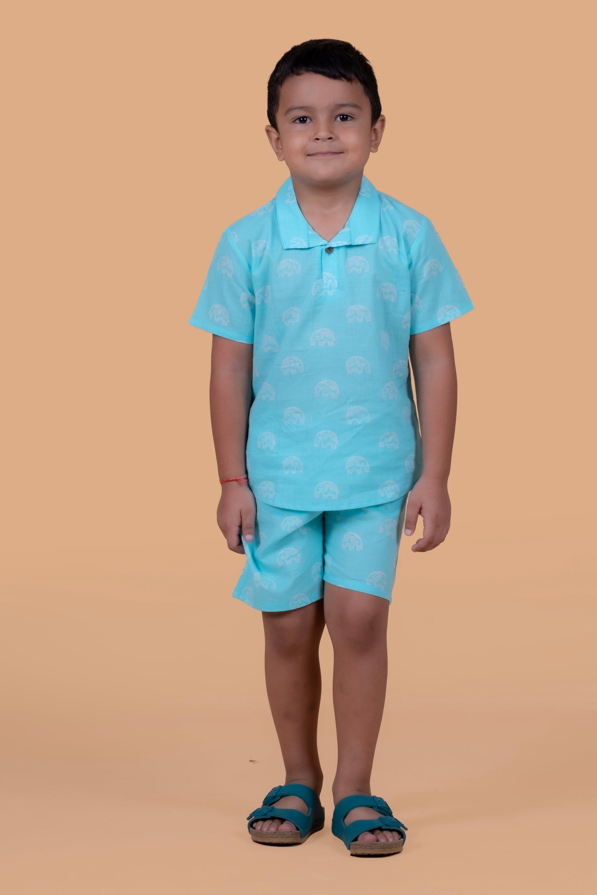 Boy wearing turquoise elephant print cotton shorts and top set