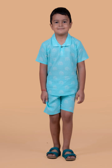 Boy wearing turquoise elephant print cotton shorts and top set