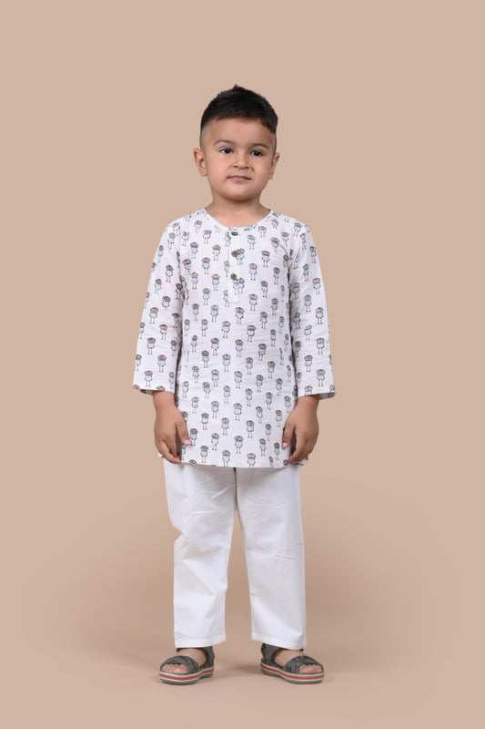 Owl Printed Kurta and white Pajama Set