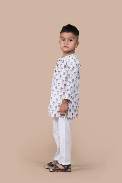 Owl Printed Kurta and white Pajama Set