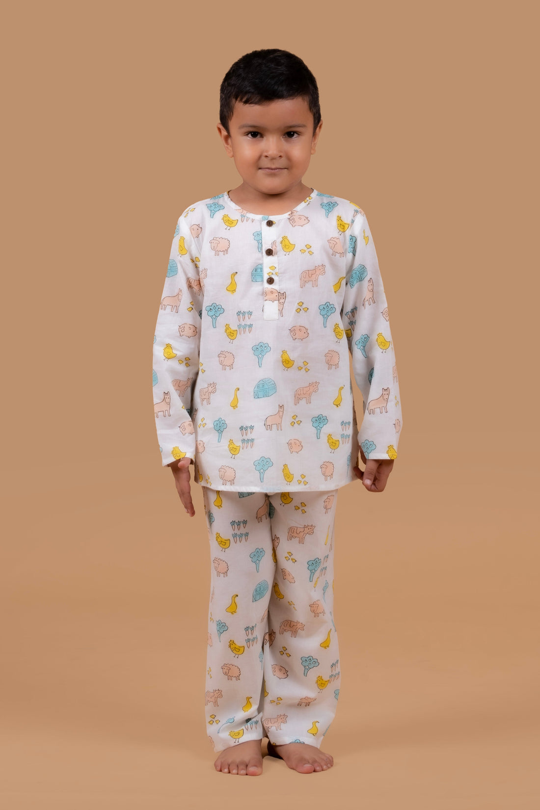 White Farm print pure cotton hand block printed pajama set for boys - front view