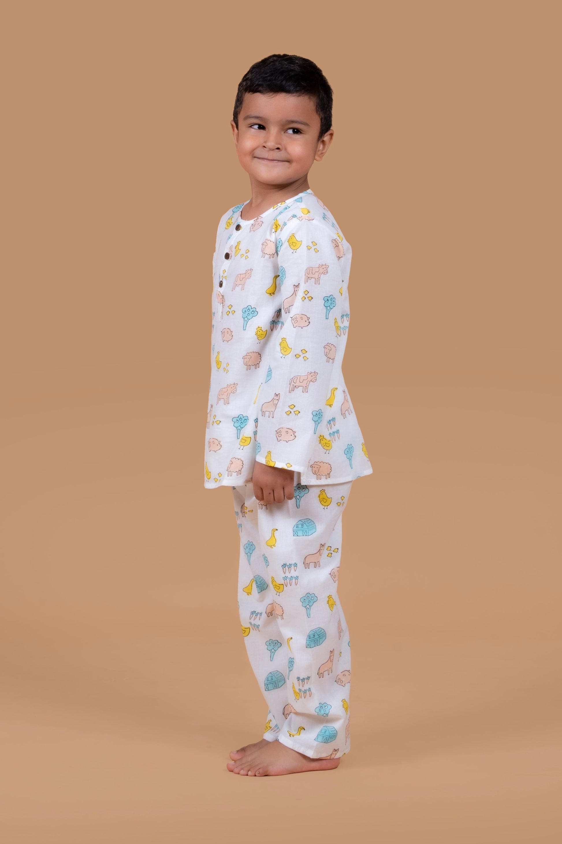 Hand block printed White Farm pajama set for boys - full outfit