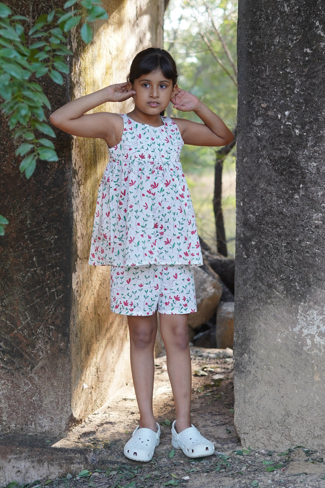 White floral jaal pure cotton hand block printed shorts set for girls breathable summer nightwear