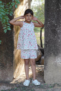 White floral jaal pure cotton hand block printed shorts set for girls breathable summer nightwear