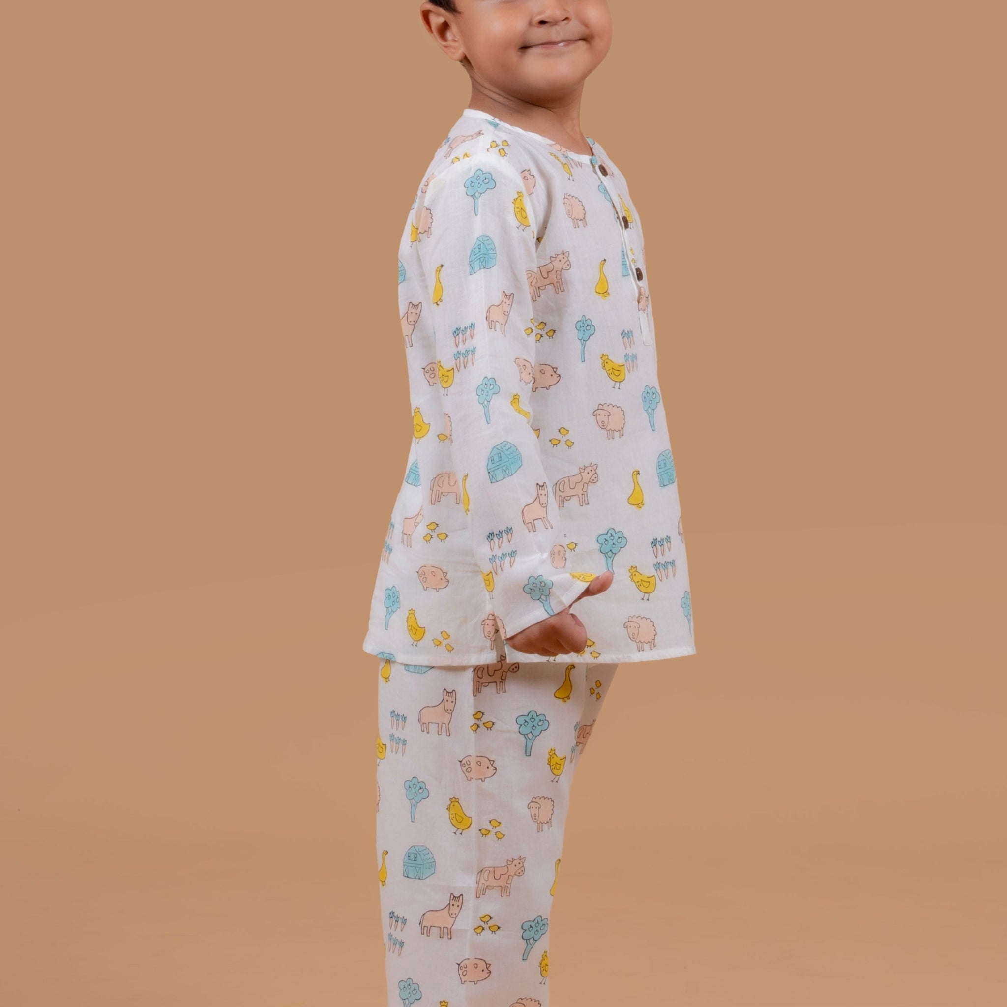 White Farm Print Night suit for Boys