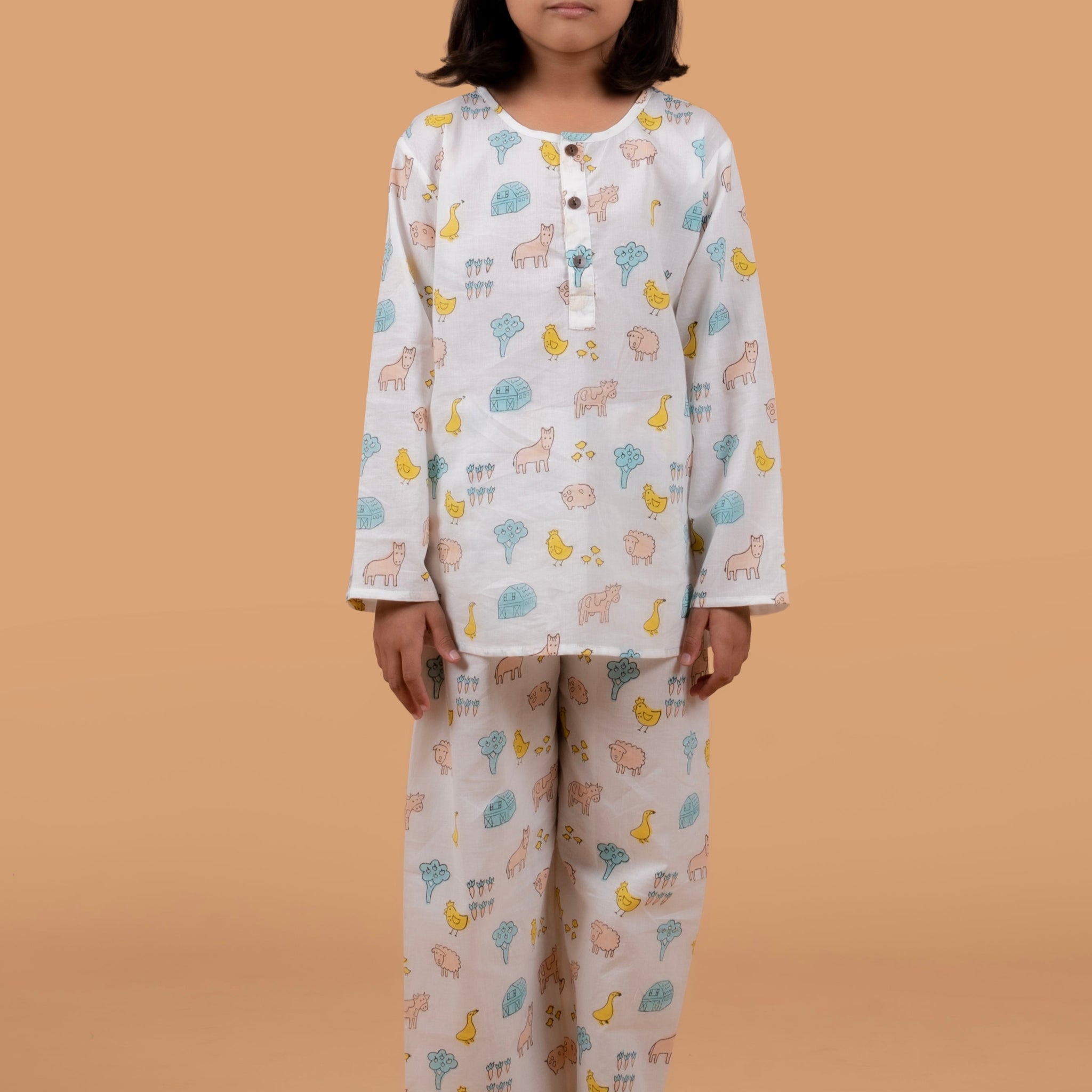 White Farm Print Night suit for Girls