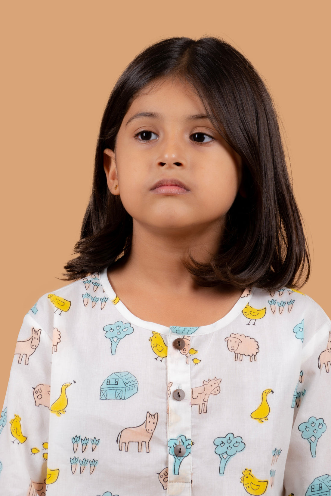 White Farm Print Night suit for Girls
