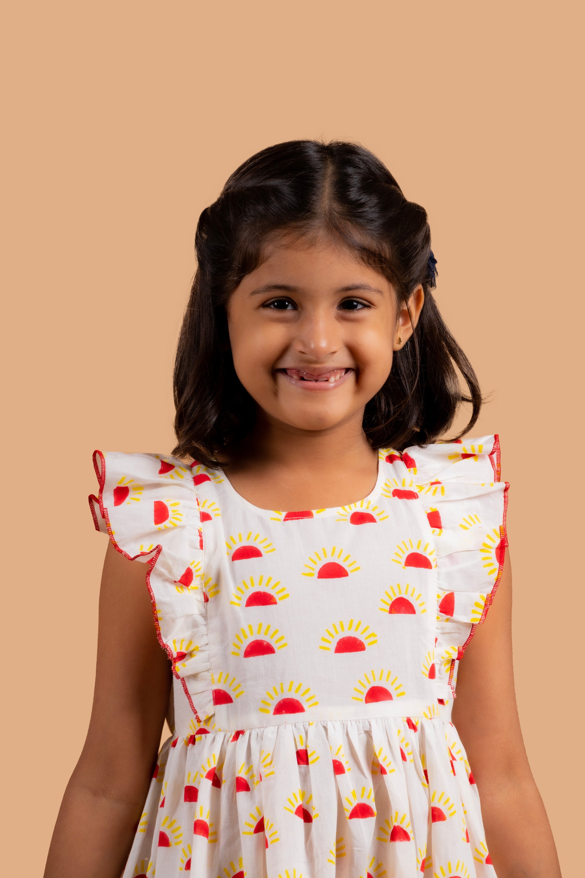 pure cotton hand block printed sun print frill frock for girls