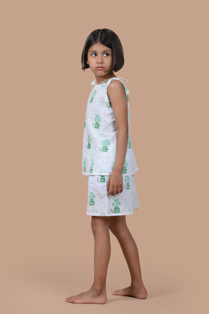 Green Cat Shorts and Top set for Girl