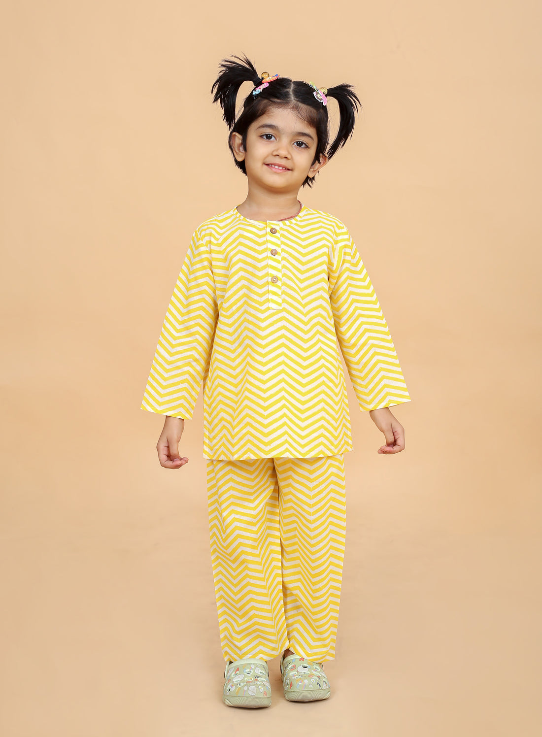 Yellow Zig Zag printed pure cotton hand block printed pajama set for girls summer nightwear